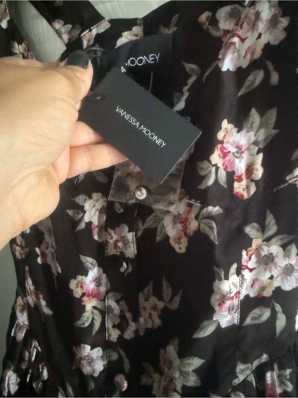 Vanessa Mooney Black Floral Ruffled Camisole Top with Pink & Cream Blooms - Picture 3 of 4